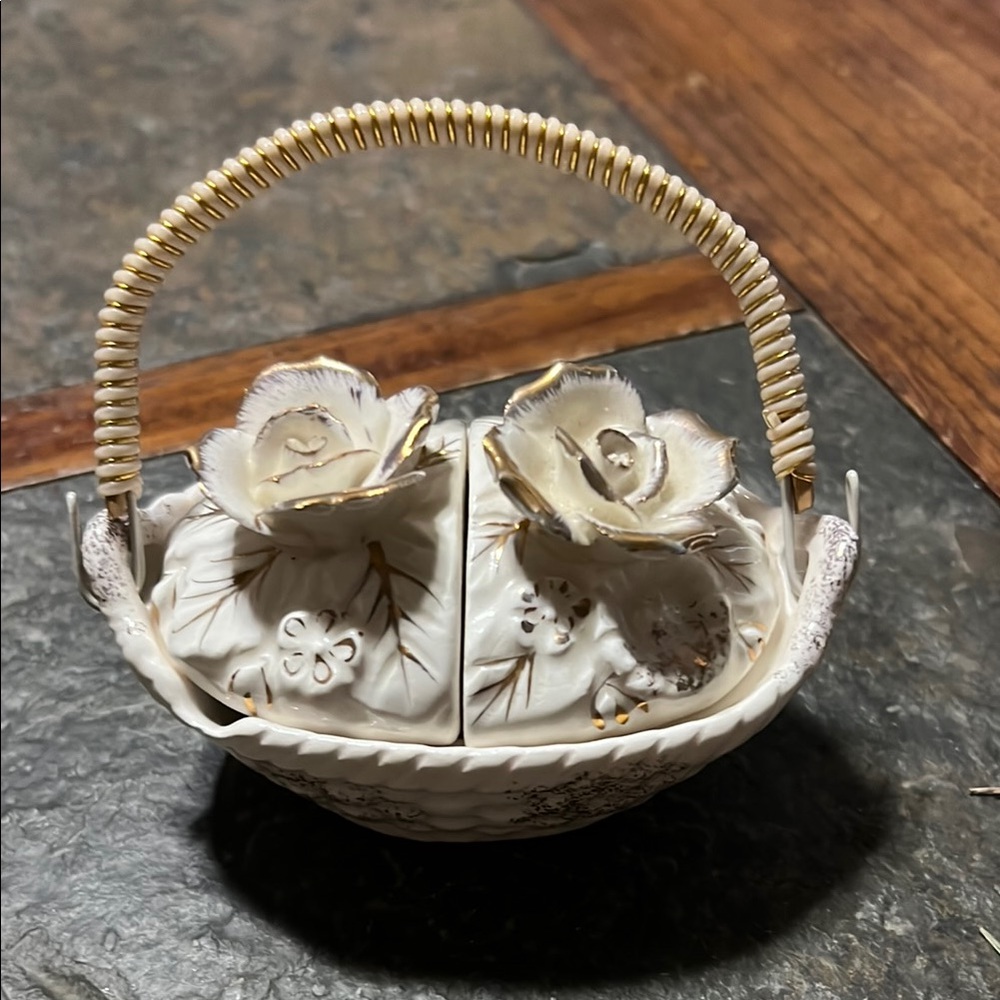 Vintage Ceramic salt and pepper shaker Basket with Floral Accents